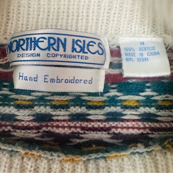 Vintage Fair Isles Cottagecore Reindeer Hand Embroidered Sweater Grandpacore Med - Picture 3 of 4